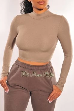 TIC TOC Just In HMS Essential: Dusty Olive Ribbed Mock Neck Long Sleeve Crop Top