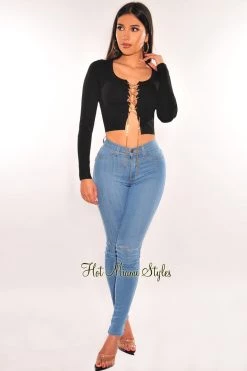 Vendor-unknown Black Ribbed Knit Gold Lace Up Long Sleeve Crop Top