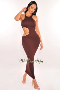 Vendor-unknown Just In Chocolate Sleeveless Gold Chain Cut Out Midi Dress