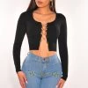 Vendor-unknown Black Ribbed Knit Gold Lace Up Long Sleeve Crop Top
