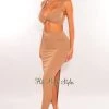 Vendor-unknown Taupe Ribbed Sleeveless Knotted Slit Skirt Two Piece Set Just In