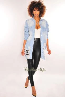 AMERICAN BAZI Light Denim Collared Button Up Distressed Long Sleeve Jacket Just In