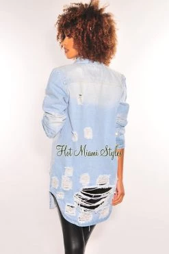 AMERICAN BAZI Light Denim Collared Button Up Distressed Long Sleeve Jacket Just In
