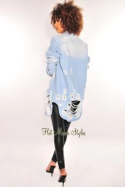 AMERICAN BAZI Light Denim Collared Button Up Distressed Long Sleeve Jacket Just In