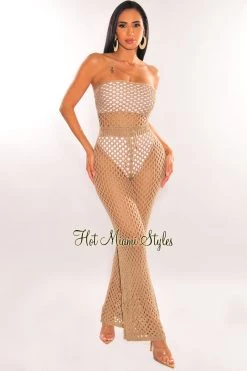 Vendor-unknown Mocha Crochet Strapless Lace Up Belted Palazzo Cover Up Jumpsuit