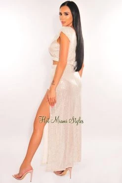 Vendor-unknown Champagne Sequins Sleeveless Double Slit Skirt Two Piece Set Just In