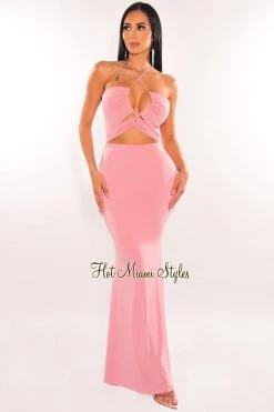 Vendor-unknown Blush Halter Keyhole Drawstring Cut Out Maxi Dress