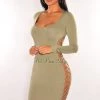 Elan International Sage Round Neck Long Sleeve Lace Up Sides Dress Just In