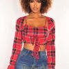 WILD CAT Just In Red Plaid Long Sleeve Tie Up Crop Top + Bralette