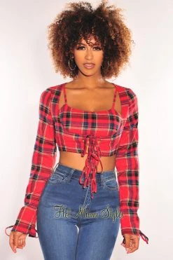 WILD CAT Just In Red Plaid Long Sleeve Tie Up Crop Top + Bralette