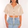 Vendor-unknown Taupe Linen Collared Button Up Short Sleeve Crop Top