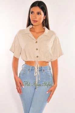 Vendor-unknown Taupe Linen Collared Button Up Short Sleeve Crop Top