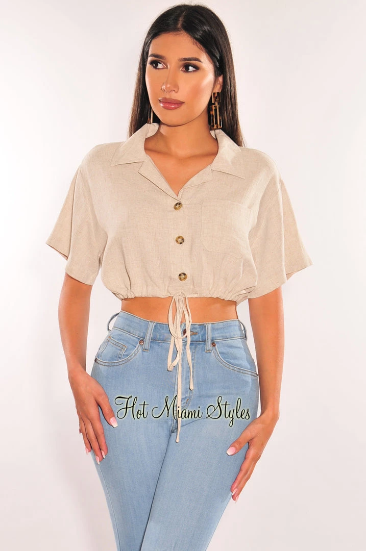 Vendor-unknown Taupe Linen Collared Button Up Short Sleeve Crop Top