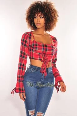 WILD CAT Just In Red Plaid Long Sleeve Tie Up Crop Top + Bralette