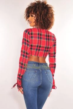 WILD CAT Just In Red Plaid Long Sleeve Tie Up Crop Top + Bralette