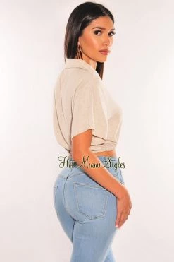 Vendor-unknown Taupe Linen Collared Button Up Short Sleeve Crop Top