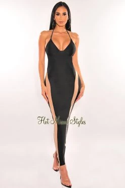Vendor-unknown Black Nude Sheer Mesh V Neck Halter Dress