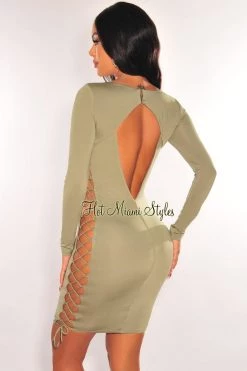 Elan International Sage Round Neck Long Sleeve Lace Up Sides Dress Just In