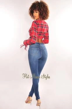 WILD CAT Just In Red Plaid Long Sleeve Tie Up Crop Top + Bralette