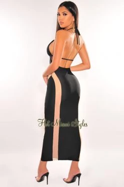 Vendor-unknown Black Nude Sheer Mesh V Neck Halter Dress