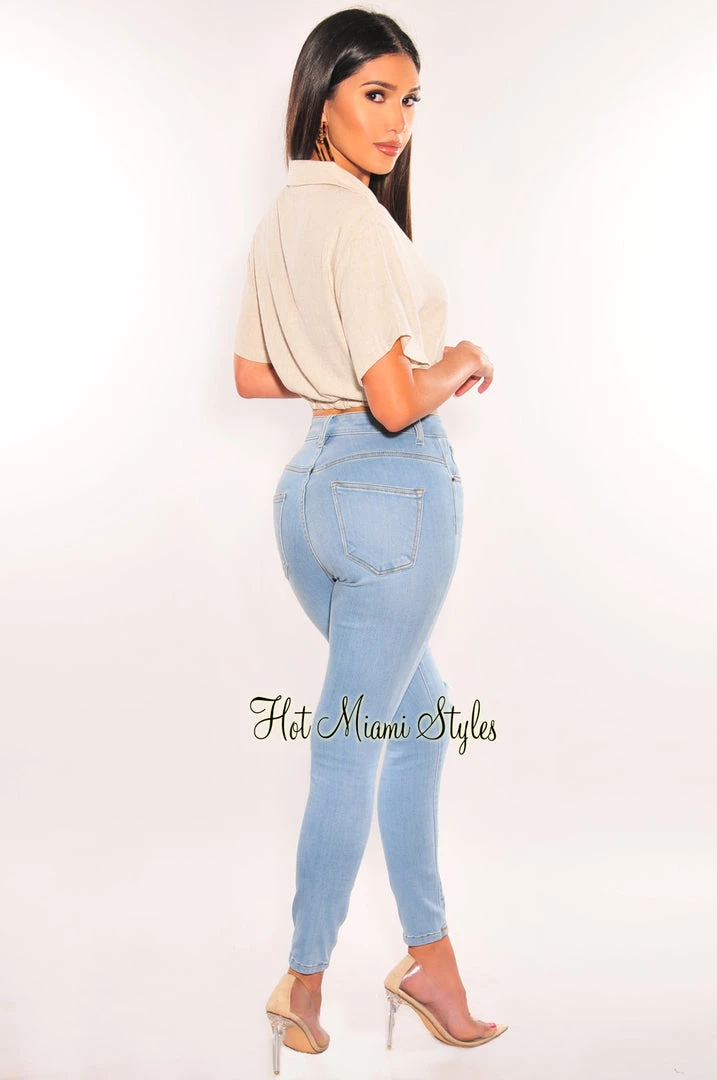 Vendor-unknown Taupe Linen Collared Button Up Short Sleeve Crop Top