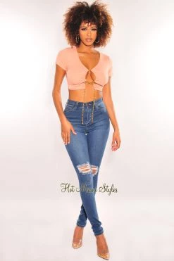 CHERRY MELLOW Peach Gold Chain Ribbed Lace Up Cut Out Crop Top Just In