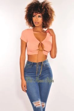 CHERRY MELLOW Peach Gold Chain Ribbed Lace Up Cut Out Crop Top Just In