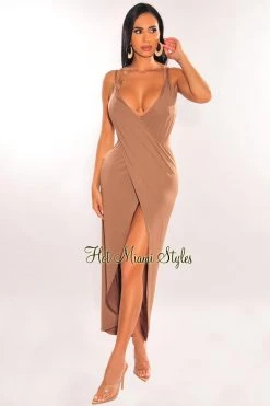 Vendor-unknown Mocha Overlay Wrap Around Open Back Cover Up Dress