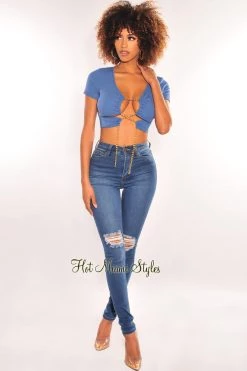 CHERRY MELLOW Blue Gold Chain Ribbed Lace Up Cut Out Crop Top Just In