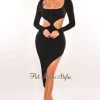 Elan International Black Ribbed Round Neck Cut Out Long Sleeve Slit Dress