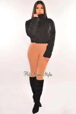 Vendor-unknown Black Puffer Bomber Zipper Long Sleeve Cropped Jacket Just In