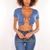 CHERRY MELLOW Blue Gold Chain Ribbed Lace Up Cut Out Crop Top Just In