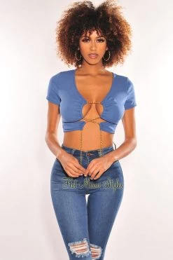 CHERRY MELLOW Blue Gold Chain Ribbed Lace Up Cut Out Crop Top Just In
