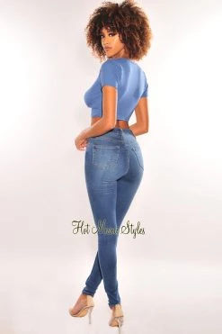 CHERRY MELLOW Blue Gold Chain Ribbed Lace Up Cut Out Crop Top Just In