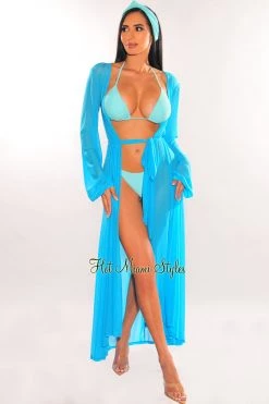 Vendor-unknown Turquoise Mesh Long Sleeves Belted Maxi Cover Up Just In