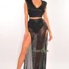 Vendor-unknown Black Sequins Sleeveless Double Slit Skirt Two Piece Set Just In