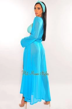 Vendor-unknown Turquoise Mesh Long Sleeves Belted Maxi Cover Up Just In