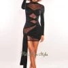 Vendor-unknown Black Mesh Mock Neck Sheer Cut Out Long Sleeve Dress