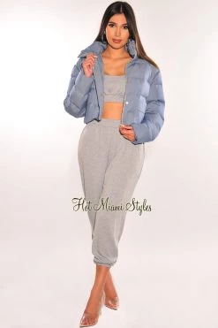 Vendor-unknown Denim Puffer Bomber Zipper Long Sleeve Cropped Jacket Just In