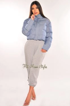 Vendor-unknown Denim Puffer Bomber Zipper Long Sleeve Cropped Jacket Just In