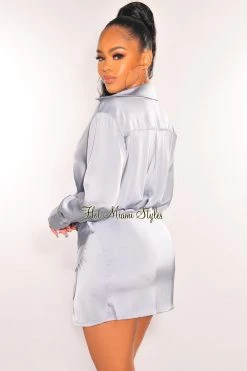 EDIT BY NINE Just In Iced Blue Silky Collared Long Sleeve Knotted Slit Shirt Dress