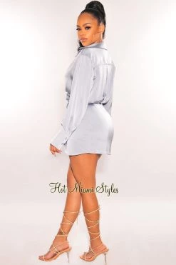 EDIT BY NINE Just In Iced Blue Silky Collared Long Sleeve Knotted Slit Shirt Dress