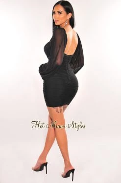 Elan International Black Mesh V Wire Long Sleeve Ruched Dress Just In