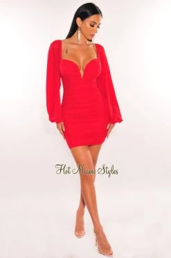 Elan International Red Mesh V Wire Long Sleeve Ruched Dress Just In