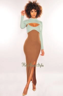 GOODTIME USA Chocolate Mint Ribbed Spaghetti Strap Slit Dress + Shrug Just In