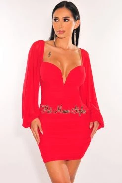 Elan International Red Mesh V Wire Long Sleeve Ruched Dress Just In