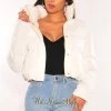 Vendor-unknown White Puffer Bomber Zipper Long Sleeve Cropped Jacket