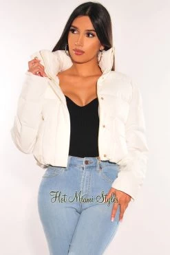 Vendor-unknown White Puffer Bomber Zipper Long Sleeve Cropped Jacket