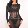 Vendor-unknown Black Crochet Sheer Long Sleeve Mini Dress Just In