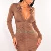ARK & Co Brown Collared Long Sleeve Button Up Ruched Dress